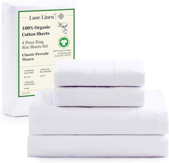 LANE LINEN 100% Organic Cotton King Size Sheets Set, 4Pc King Sheets, Soft Breathable Sheets King Size, Percale Weave, Hotel-Quality King Bed Sheets, 15" Deep Pocket King Sheet Set - White Bed Sheets