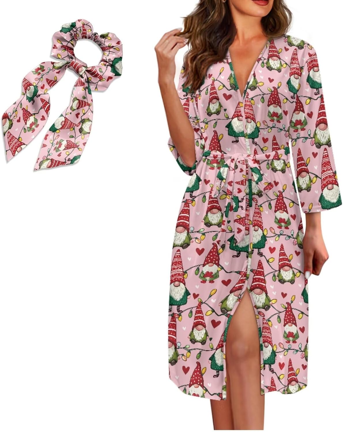 Robes for Women Long Sleeve Kimono Bathrobe Soft Lightweight Loungewear V-neck for Ladies with Scrunchies