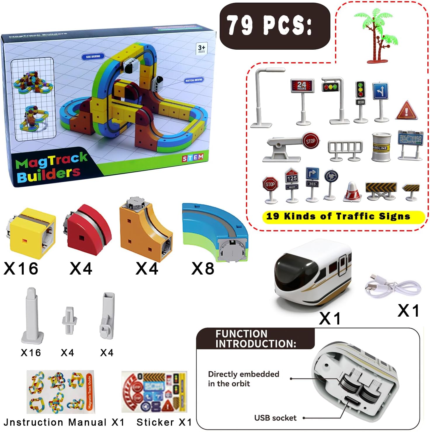 Electric Train Set for Kids Toddlers 3-5,Magnetic Track&Rechargeable Car,Gravity-Defying 3D Embedded Layouts DIY Flexible Race Track Assembly,STEM Educationa Learning Gift