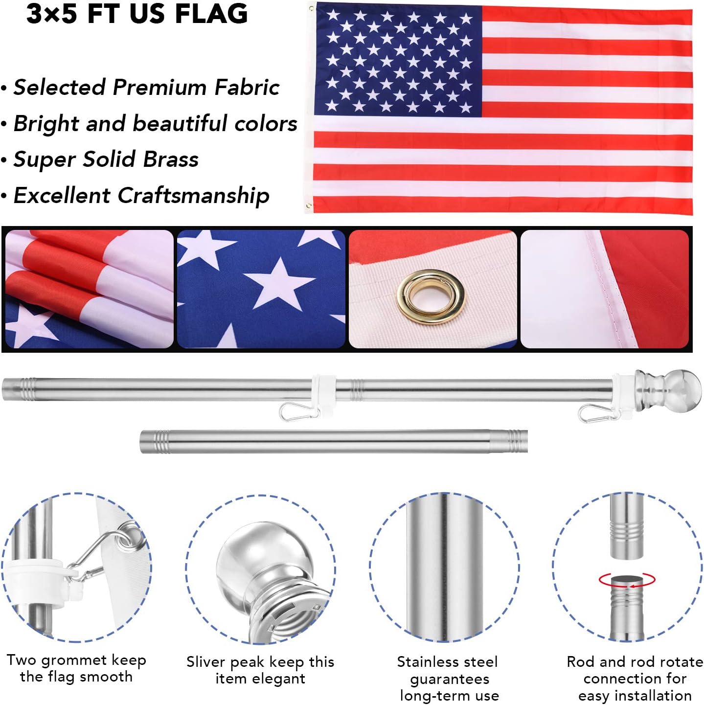 AOX Flag Pole,3x5 American Flag with Pole & Bracket-6FT American FlagPole kit for House Garden Truck Sports Use (Silver)