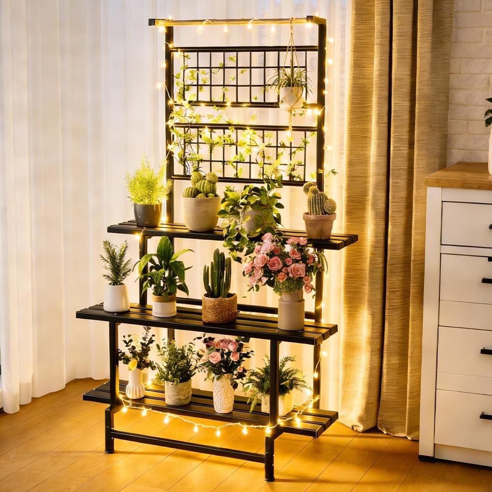 3-Tier Metal Plant Stand with Hanging Shelf – Heavy Duty, Waterproof Indoor & Outdoor Flower Rack for Multiple Pots, Balcony, Garden, Living Room – Black