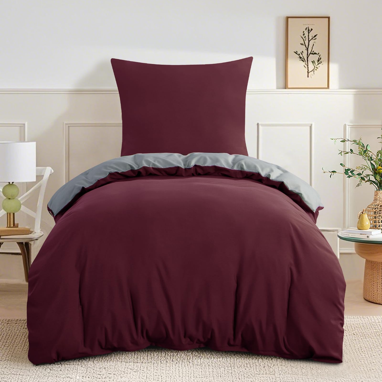 RUIKASI Bettwäsche 155x220 Burgunder Rot Grau 2teilig - Wendebettwäsche Bettbezug 155 x 220 mit Reißverschluss, Oeko-TEX Mikrofaser Bettwäsche Sets, Weich und Bügelfrei