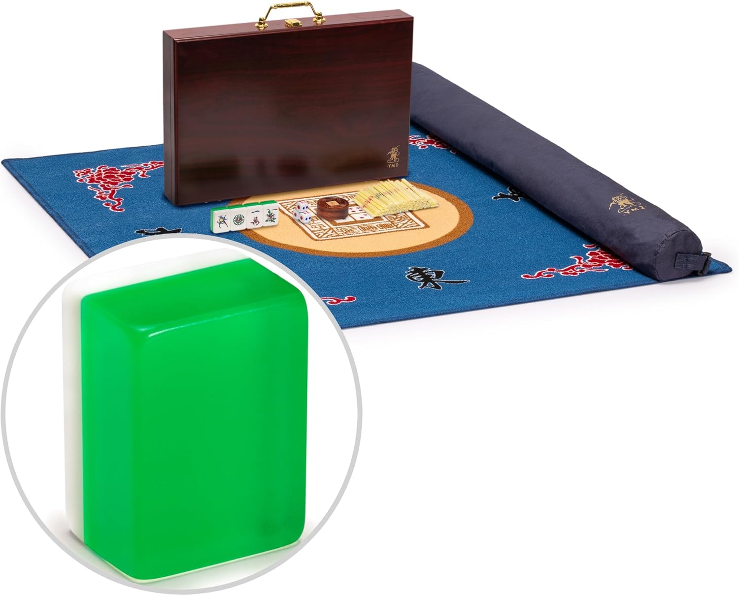 Yellow Mountain Imports Mahjong Bundle - Classic Chinese Mahjong Game Set, “Emerald” and Blue 31.1-inch Table Cover for Mahjong and Board Games