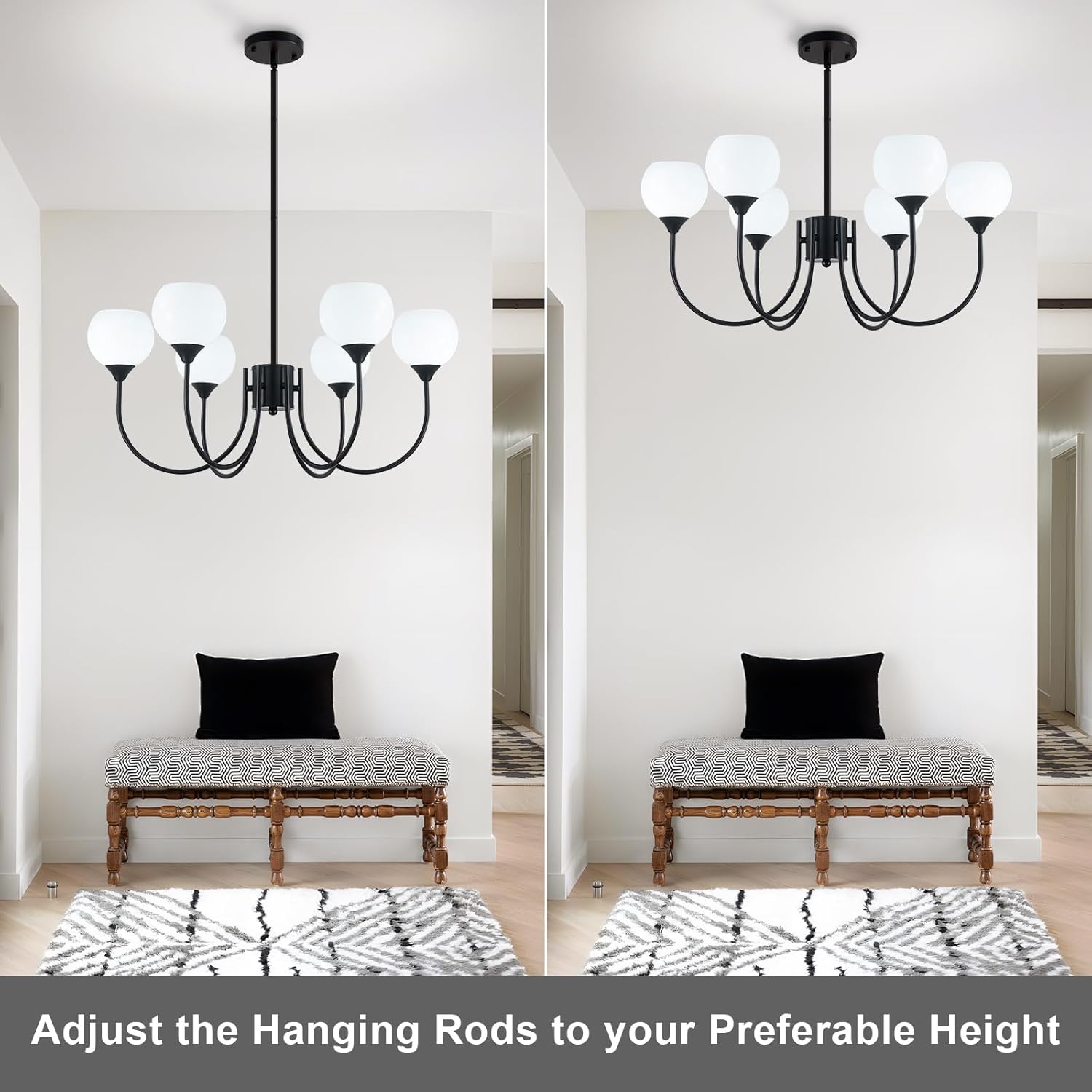 Mid Century Chandelier Light Fixture Black Sputnik Pendant 6 Lights, Modern Ceiling Light Fixture with Milk Glass Globe Adjustable for Dining Room Living Room Bedroom