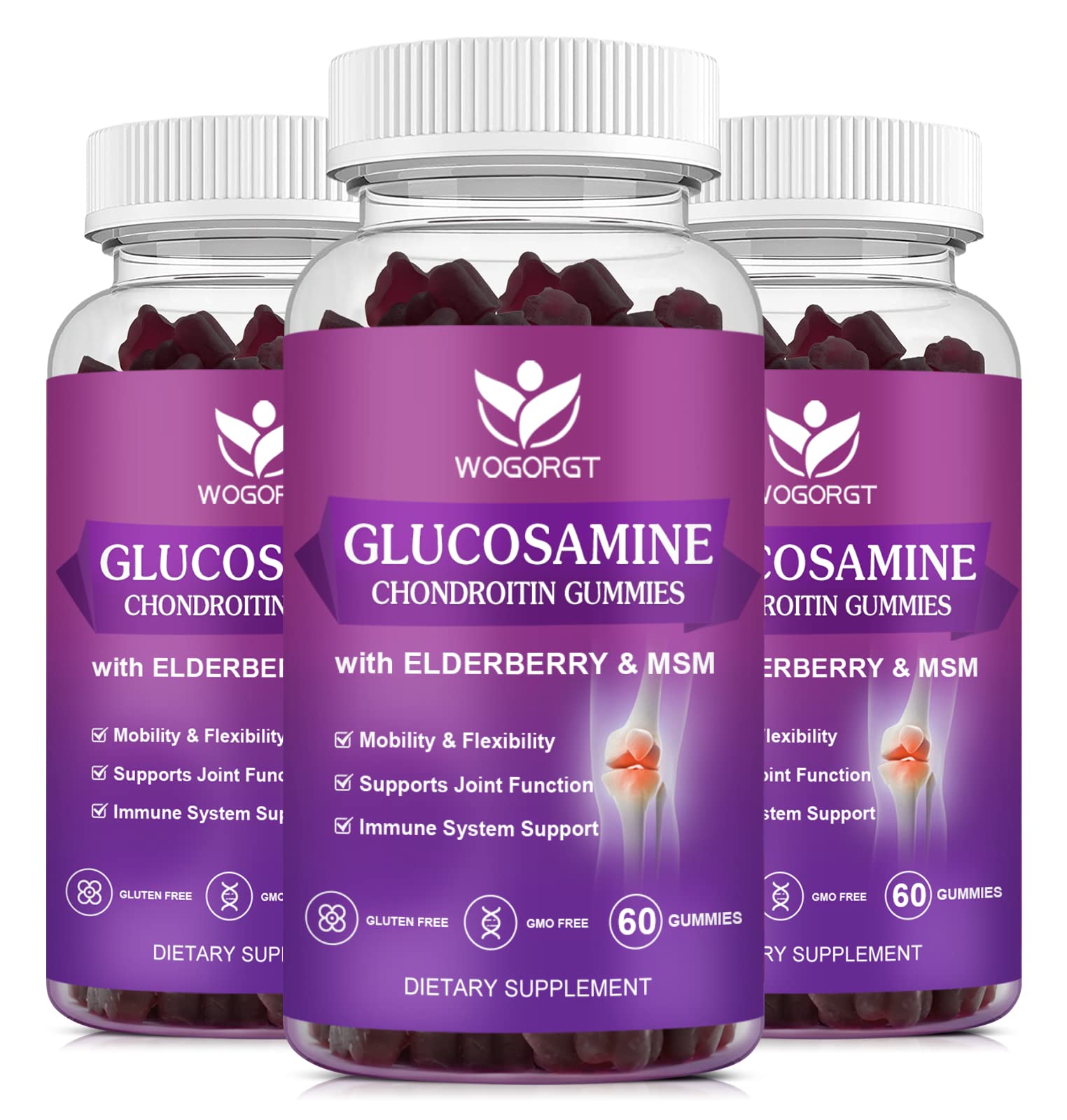 Glucosamine Chondroitin Gummies with MSM & Elderberry - Joint Support Gummies, 1500mg Glucosamine Chondroitin Gummies Supplement for Men & Women, 60 Gummies (3 Pack)