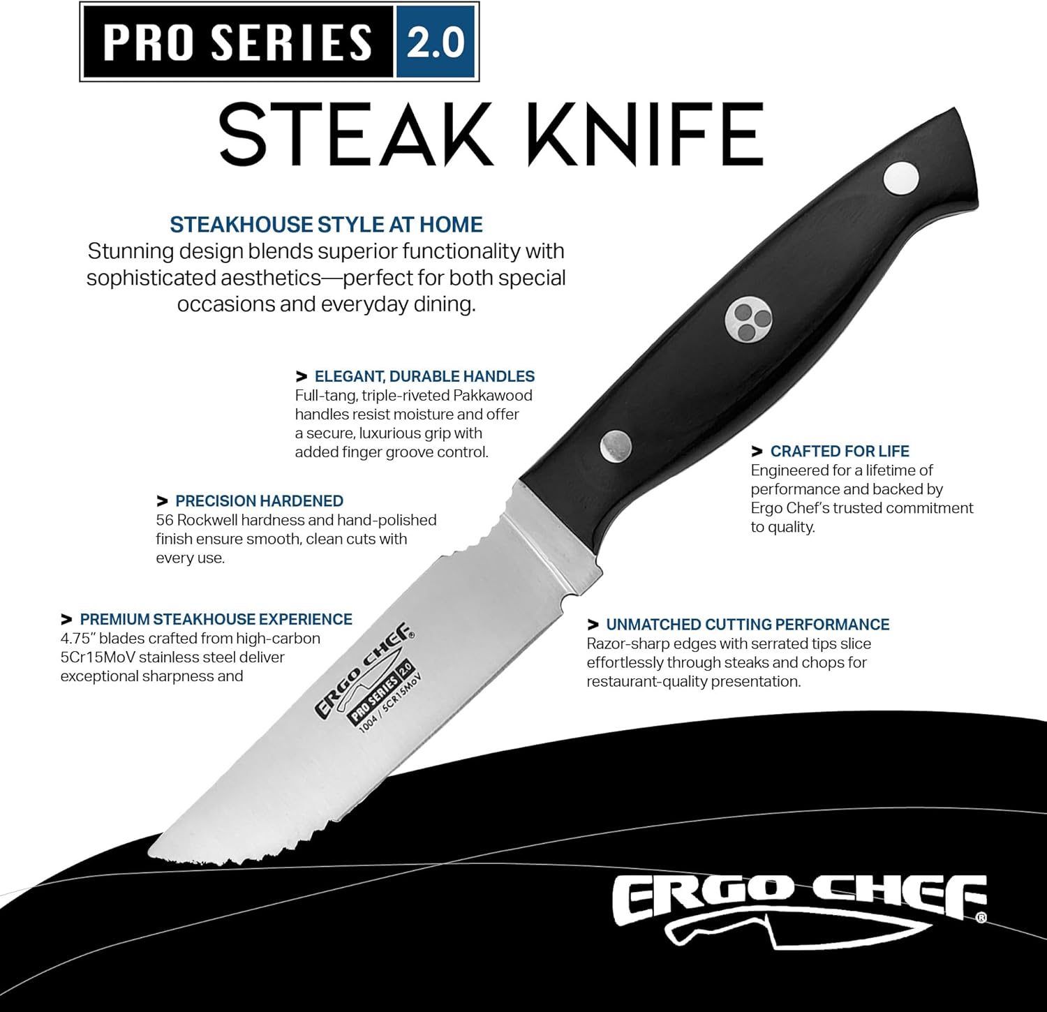 Ergo Chef Pro Series 2.0 Steak Knives Set of 4 - Premium High Carbon Stainless Steel Blades, Black Pakkawood Handles, Straight Edge with Serrated Tip for Enhanced Cutting Performance