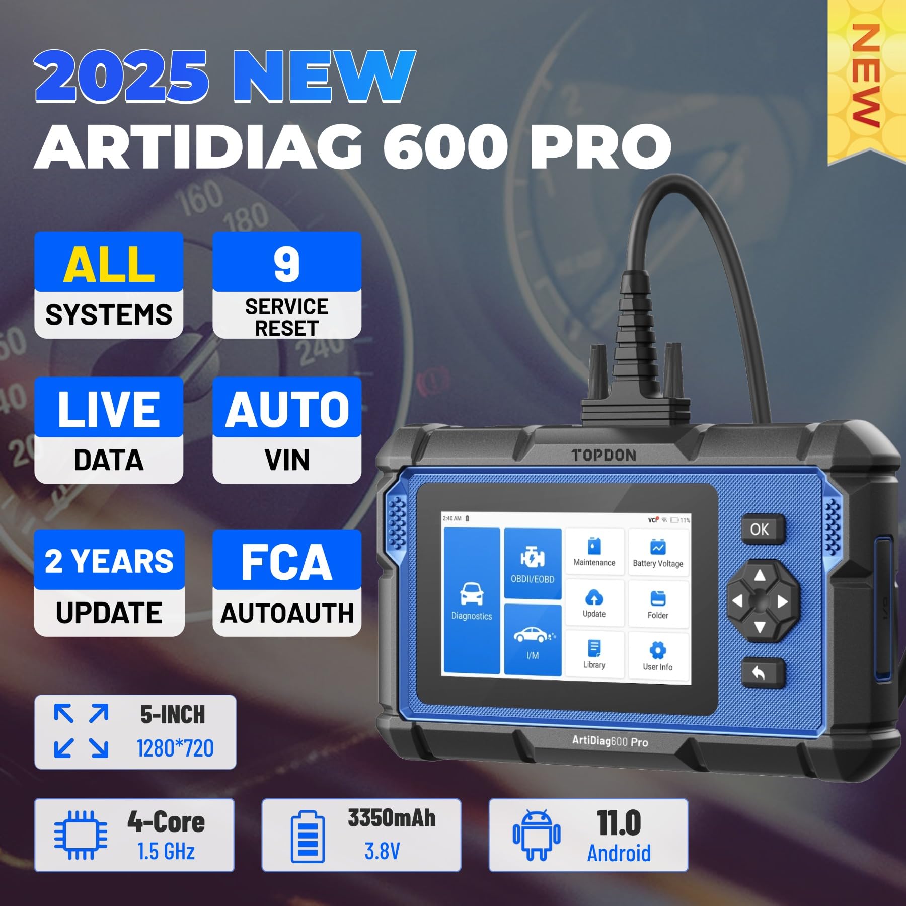 TOPDON ArtiDiag600 Pro, OBD2 Scanner Diagnostic Tool for All Systems, Code Reader Scan Tool with 9 Essential Maintenance Functions, Car Scanner with Andriod OS, Upgraded Version of AD600S/AD500