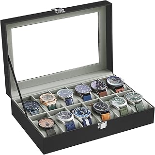 SONGMICS Caixa de relógio, caixa de 12 compartimentos com tampa de vidro grande, almofadas de relógio removíveis, presente para entes queridos, couro sintético preto, forro cinza UJWB12BK
