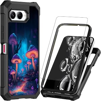 for Revvl 8 Phone Case with Tempered Glass Screen Protector Rugged Heavy Duty Dual Layer Structure Protection Shockproof Corner TPU Bumper Slim Cute Cover for Women,Blue Purple Mushroom