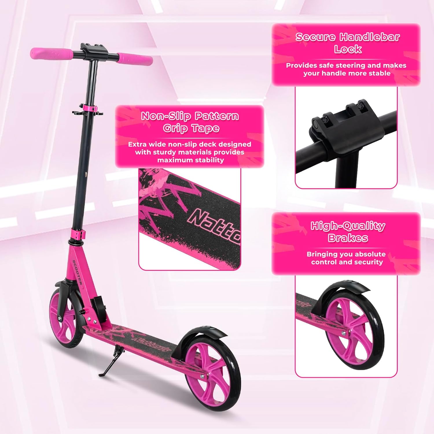 nattork scooter for kids 6+, teens and adults- adjustable height folding kick scooter with large sturdy wheels for a smooth ride, lightweight, anti-shock suspension for boys and girls rosy