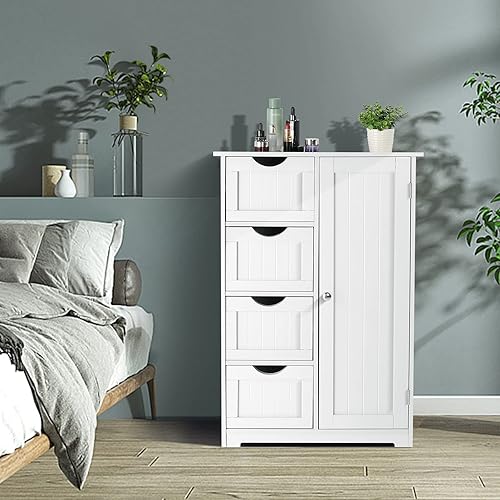 Miniatura 5 de Bonnlo Armario de almacenamiento pequeño de madera para baño, muebles de espacio pequeño, organizador de almacenamiento lateral blanco con 4 cajones