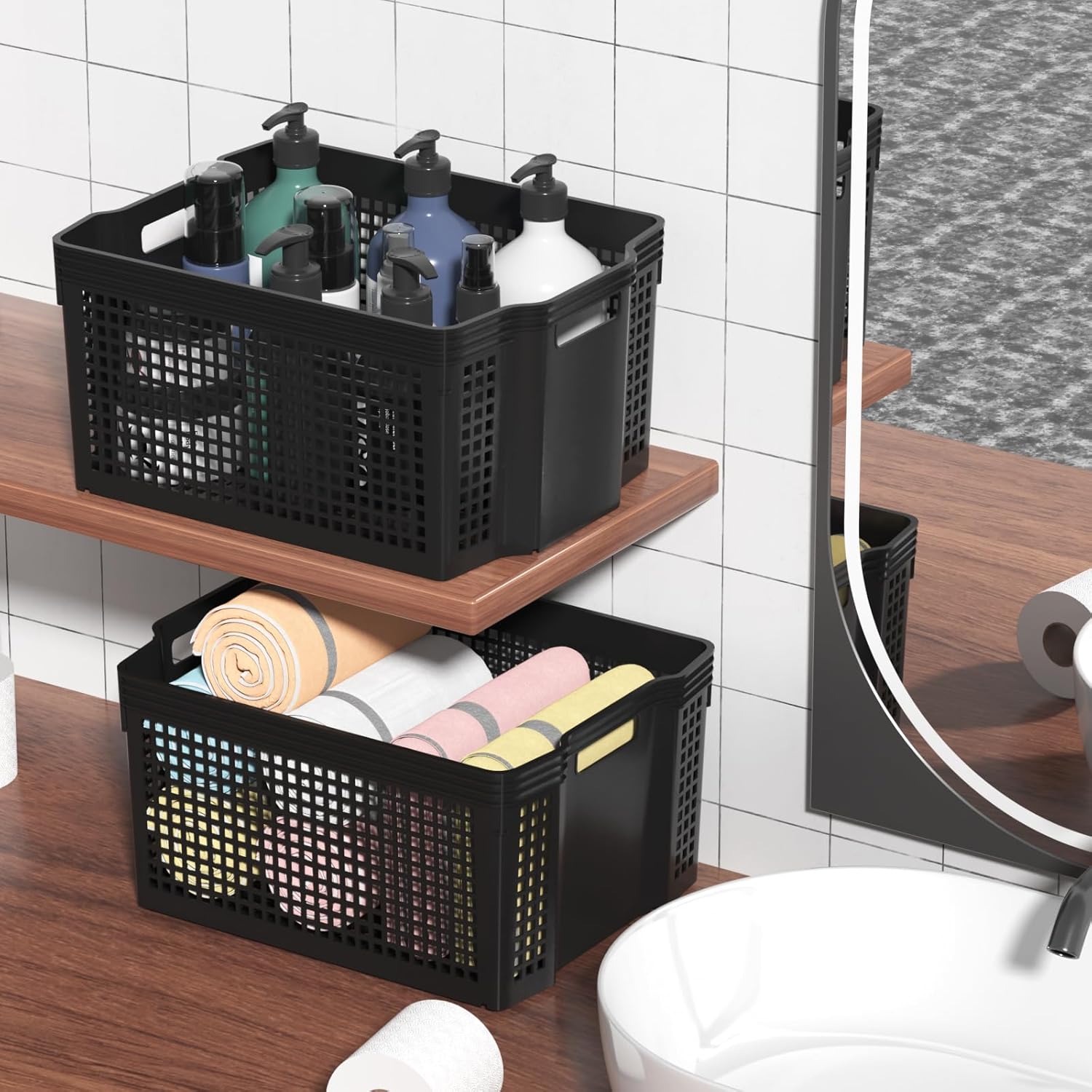 12 Packs Plastic Stacking Baskets, Black Storage Baskets Large