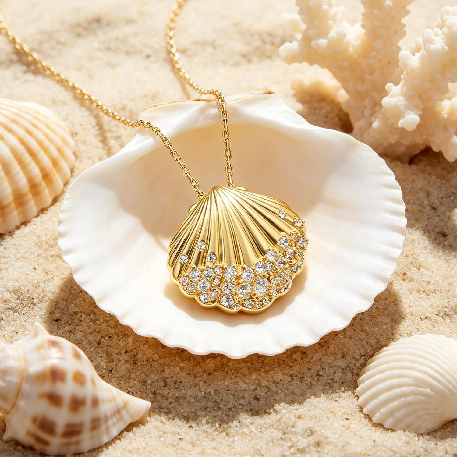 Starfish/Seashell/Sea Turtle Necklace for Women, 925 Solid Sterling Silver / 14k Gold Plated Sea Life Jewelry with 5A Cubic Zirconia Shell Necklace, Trending Summer Holiday Jewelry Gift for Her image 5