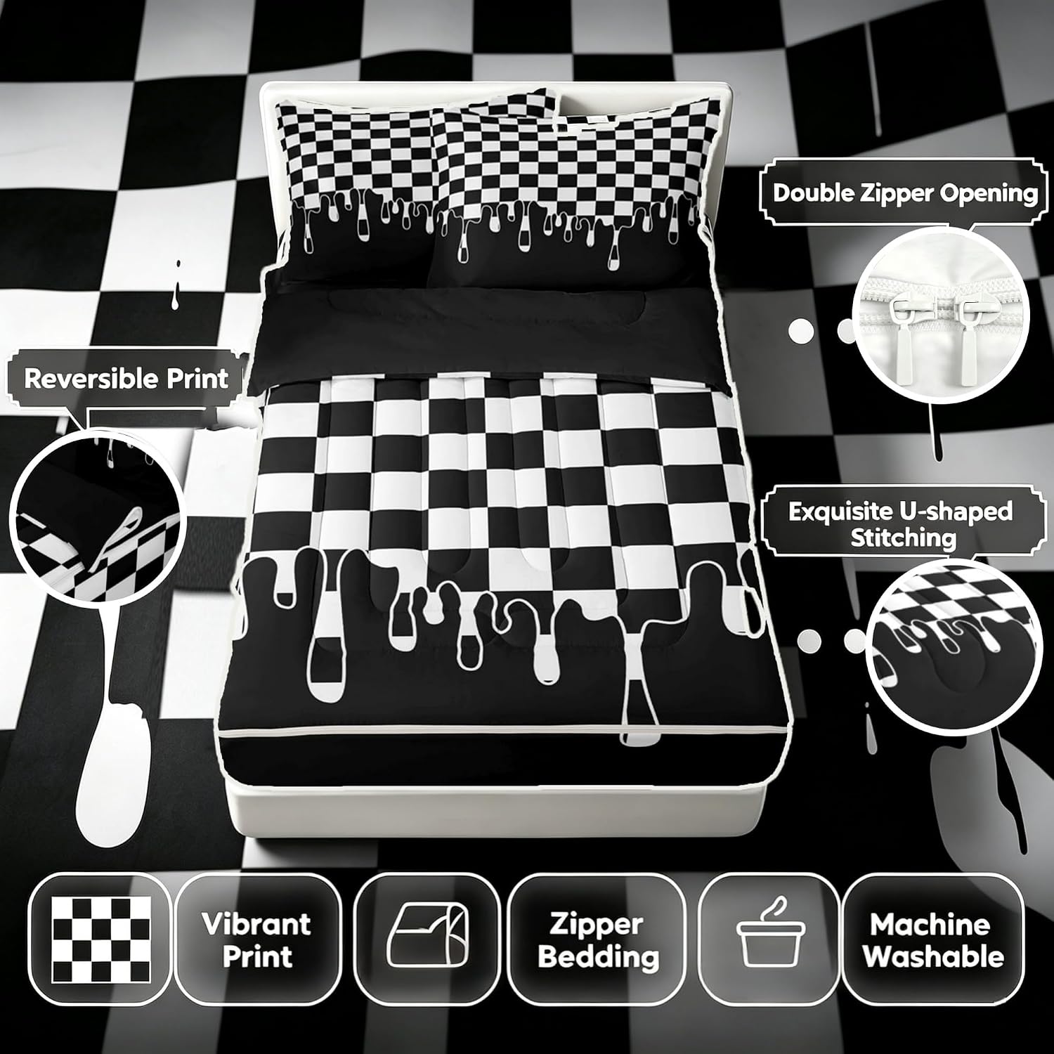 Black and White Checkered Twin Size Zip Up Bedding Set,Checkerboard Drip 4 Piece Bed-in-a-Bag Set Comforter with Fitted Sheet & Pillowcases,Y2K Aesthetic Geometric Quilted Bedspread for Boys Girls