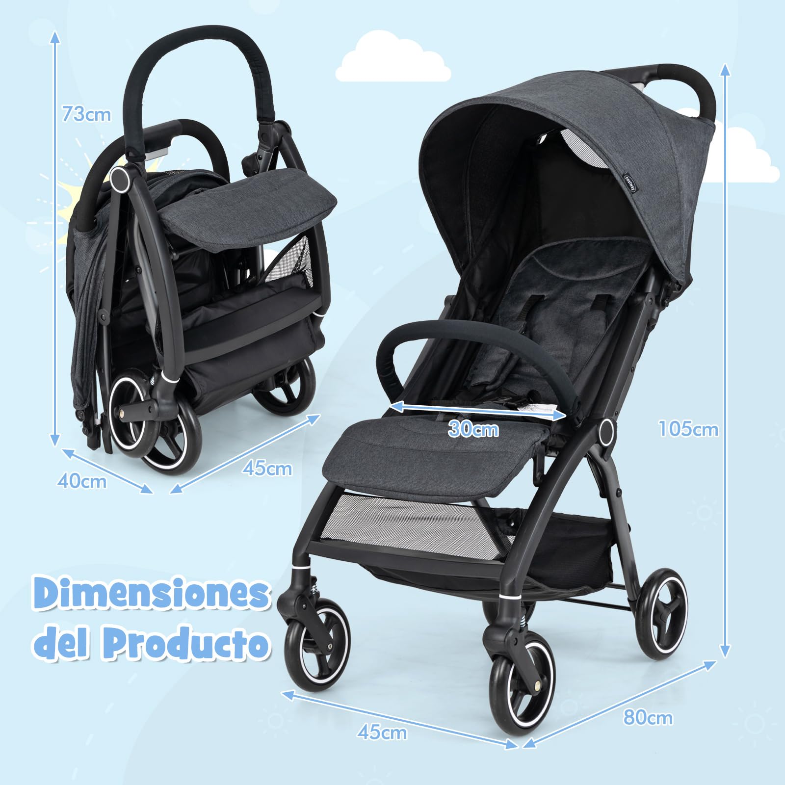 COSTWAY Silla de Paseo Ligera, Carrito Bebe Plegable con Respaldo Ajustable, Capota y Arnés de 5 Puntos, Cesta de Almacenamiento, Plegado con Una Mano, para Bebés de 0 a 36 Meses (Gris)