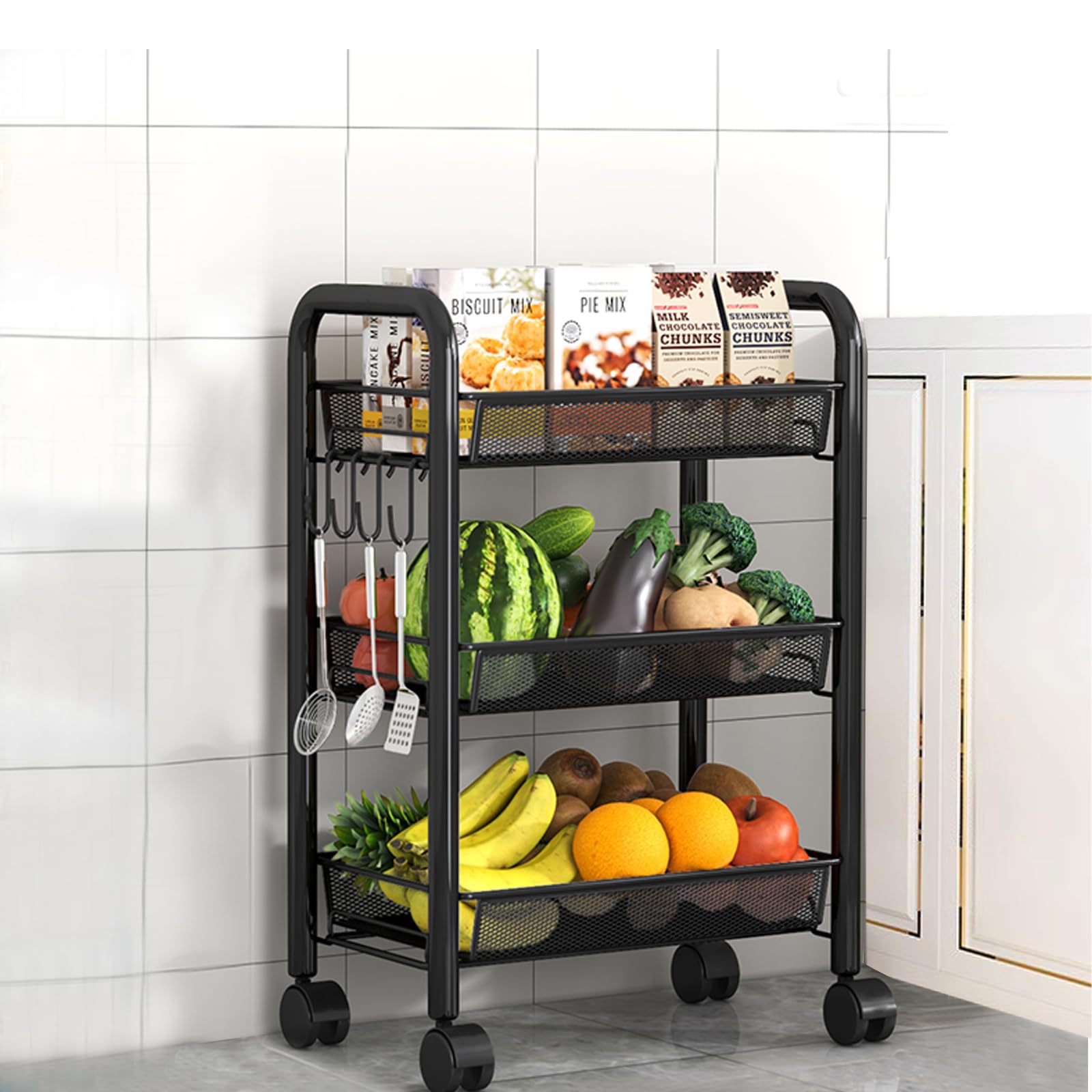 LiveCool Mesh Vegetable Stand Steel, 3 Tier Onion Potato Rack for Storage, Metal Kitchen Trolley with Wheels, Trolley Rack for Kitchen, Living Room, Bedroom, Black (KT02-B3)-image-9