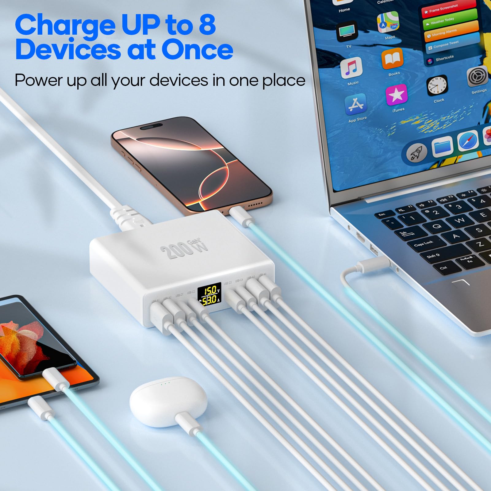 Cargador USB C Multiple 8 Puertos con Pantalla LED, YSYFAD 200W Estacion de Carga PD PPS Cargador USB C Carga Rapida Charger Tpye-C 45W QC USBA para iPhone iPad Macbook Portátiles Samsung, Blanco