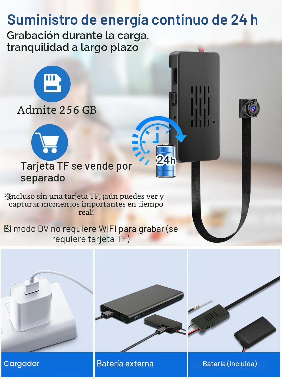 Cámara WiFi Mini QZT, Recargable 1080P Aplicación Tuya Smart 2.4Ghz Compatible Gran Angular, Visualización en Tiempo Real 24H