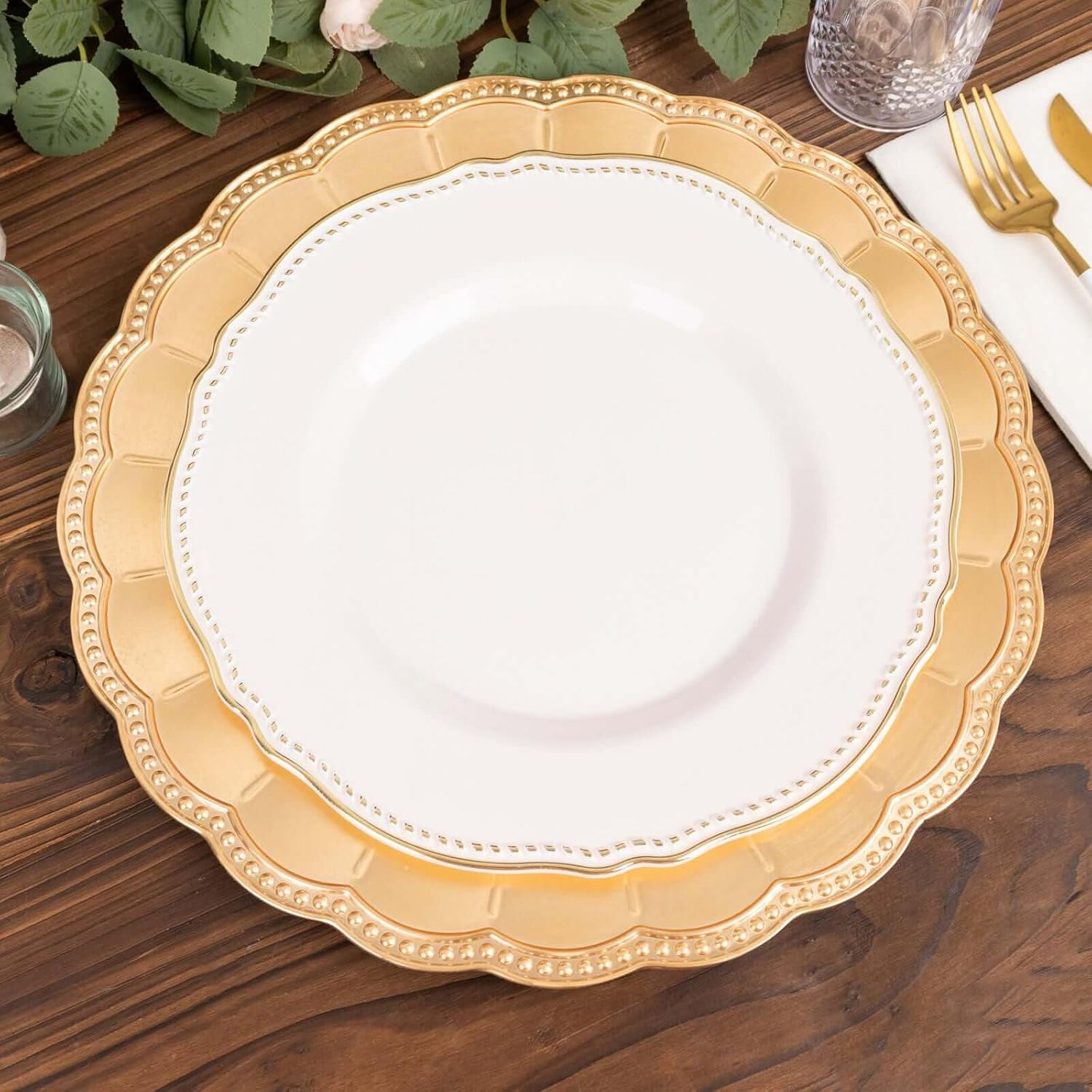 12-Pack Acrylic Charger Plates, Round 13" Metallic Gold with Beaded Sunflower Rim – Decorative Dinner Serving Plates Party Tableware