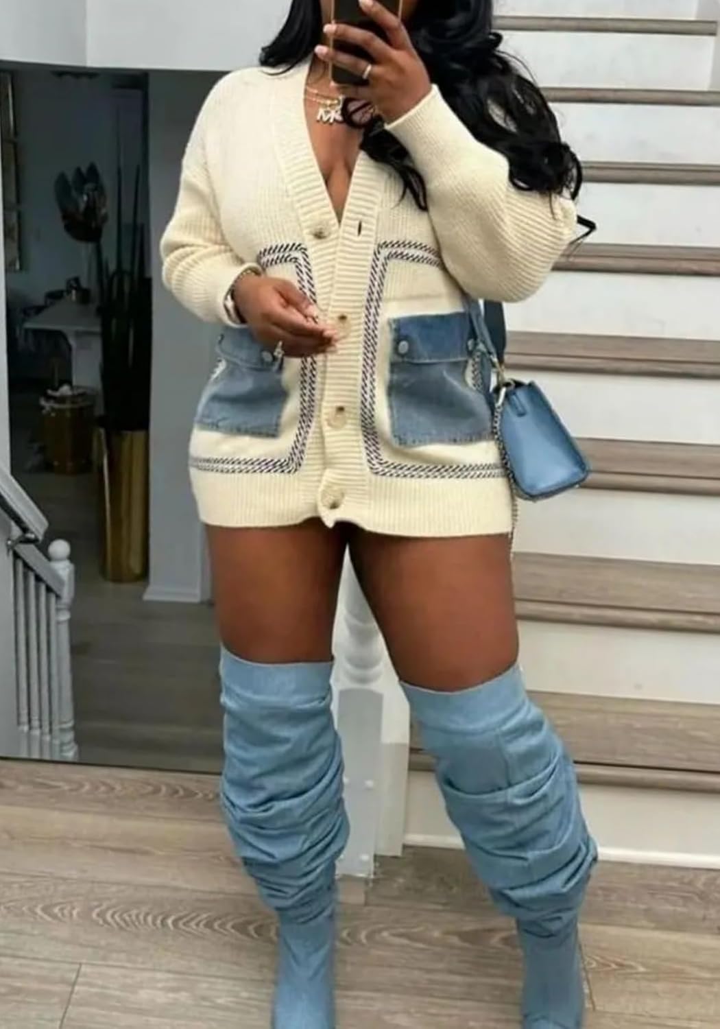 Vaceky Womens Cardigan Sweaters with Denim Pockets Oversized Button Down Open Front Chunky Sweater - Image 3