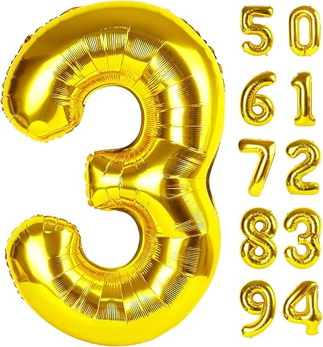 Globo dorado del número 3, globo del número 40 pulgadas, decoración de cumpleaños de tercer año, suministros de fiesta dorados para decoraciones de