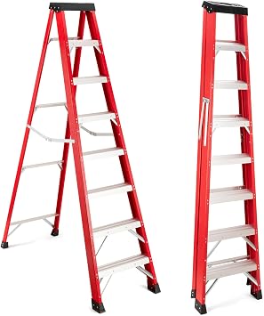 Red Fiberglass Ladder, 8-Foot Step Ladders, 330 lb Load Capacity, Single Side Step Ladders for Home, Tall Folding Ladder, Portable Tool Tray
