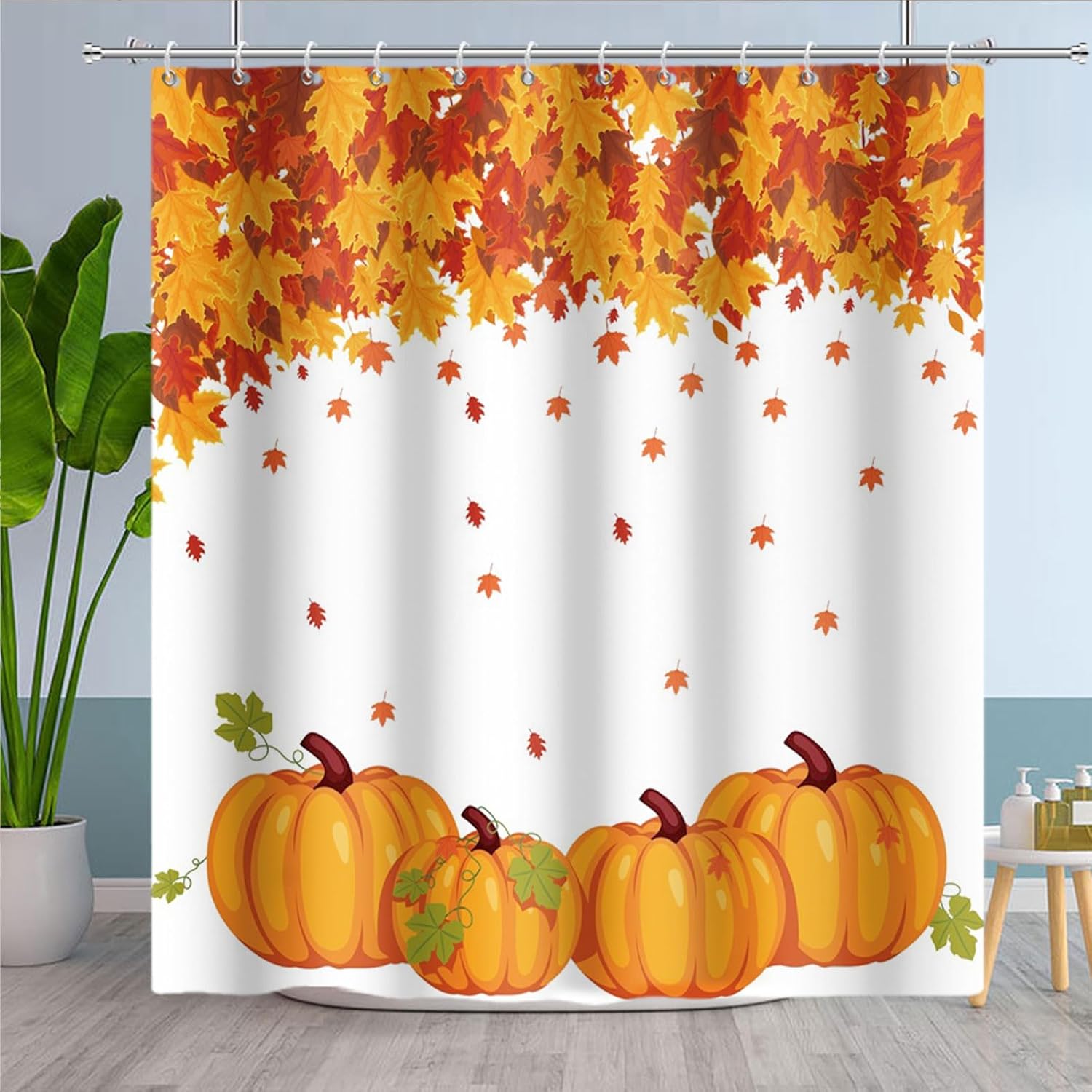 Fall Pumpkins Shower Curtain for Bathroom Waterproof Polyester Fabric Autumn Maple Leaves Shower Curtain Set Thanksgiving Holiday Home Bathtub Decoration with Hooks, 72x84in
