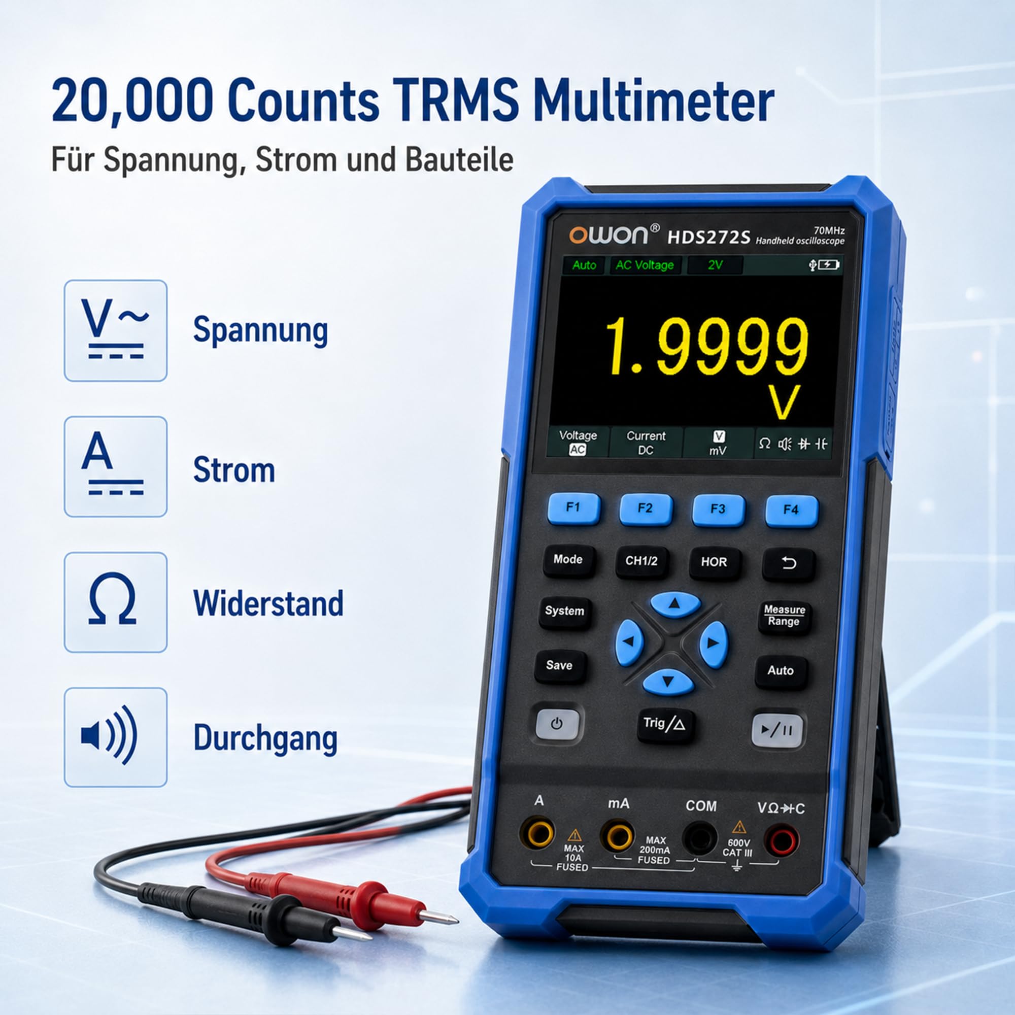 HDS272S 3 in 1 OWON Oszilloskop 70MHz mit 2+1 CH mit 3,5 Zoll LCD mit einstellbarer Helligkeit (Oszilloskop + Multimeter+ Generator)