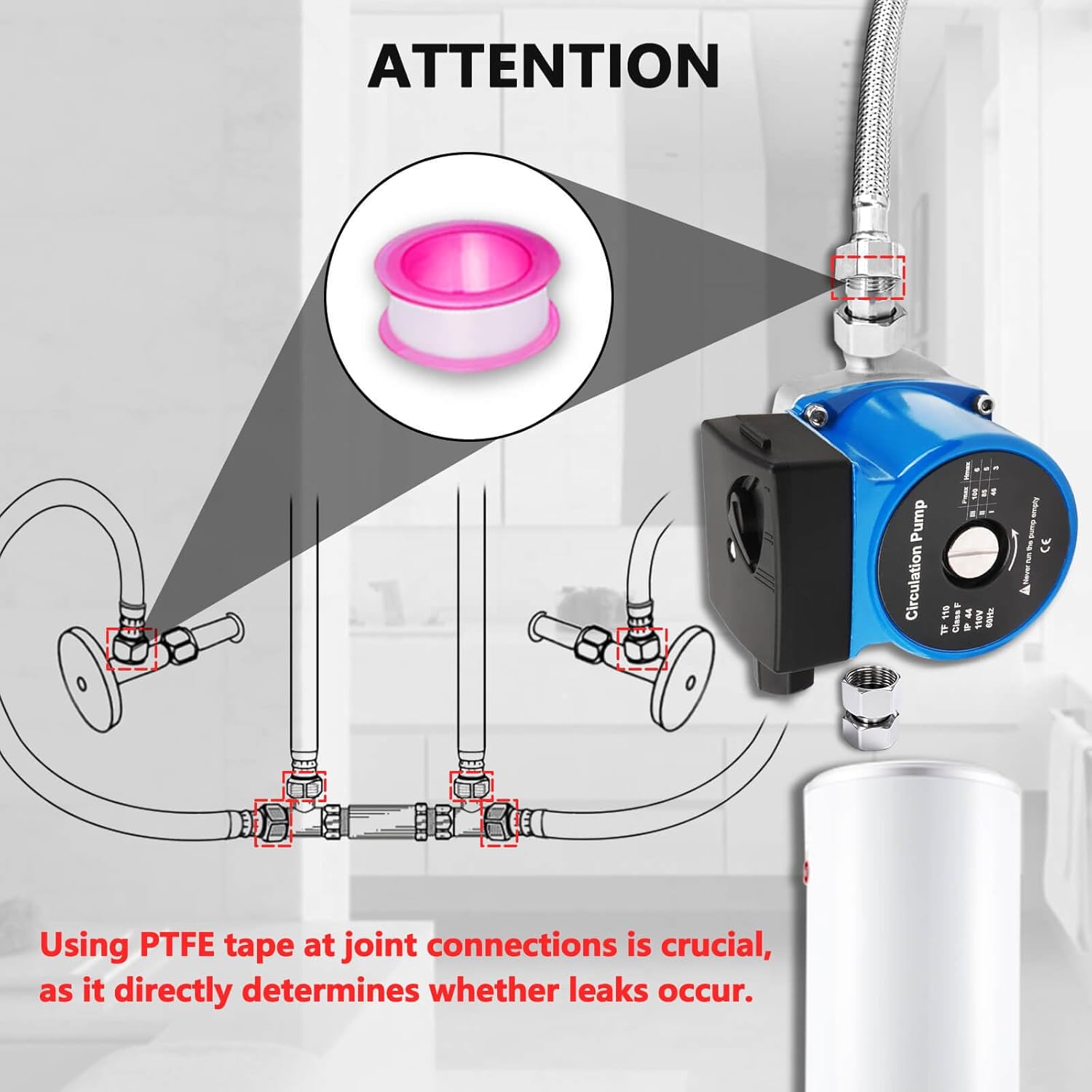 Hot Water Recirculating Pump Recirculation System & BSP 3/4" w/NPT 1/2" Adapter, Sensor Valve 304 Stainless Steel Bybass Valve Kit for Instant Hot Tank Water Heaters