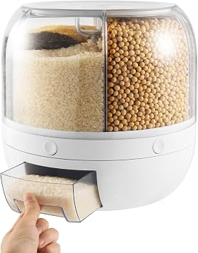 Grain and Rice Storage Container Kitchen, 360 Rotating 6 Grid Grain Dispenser, Rotating Dry Food Dispenser for Lentils, Small Beans, Barley, Millets-Max 6kg/13 lbs Capacity - White