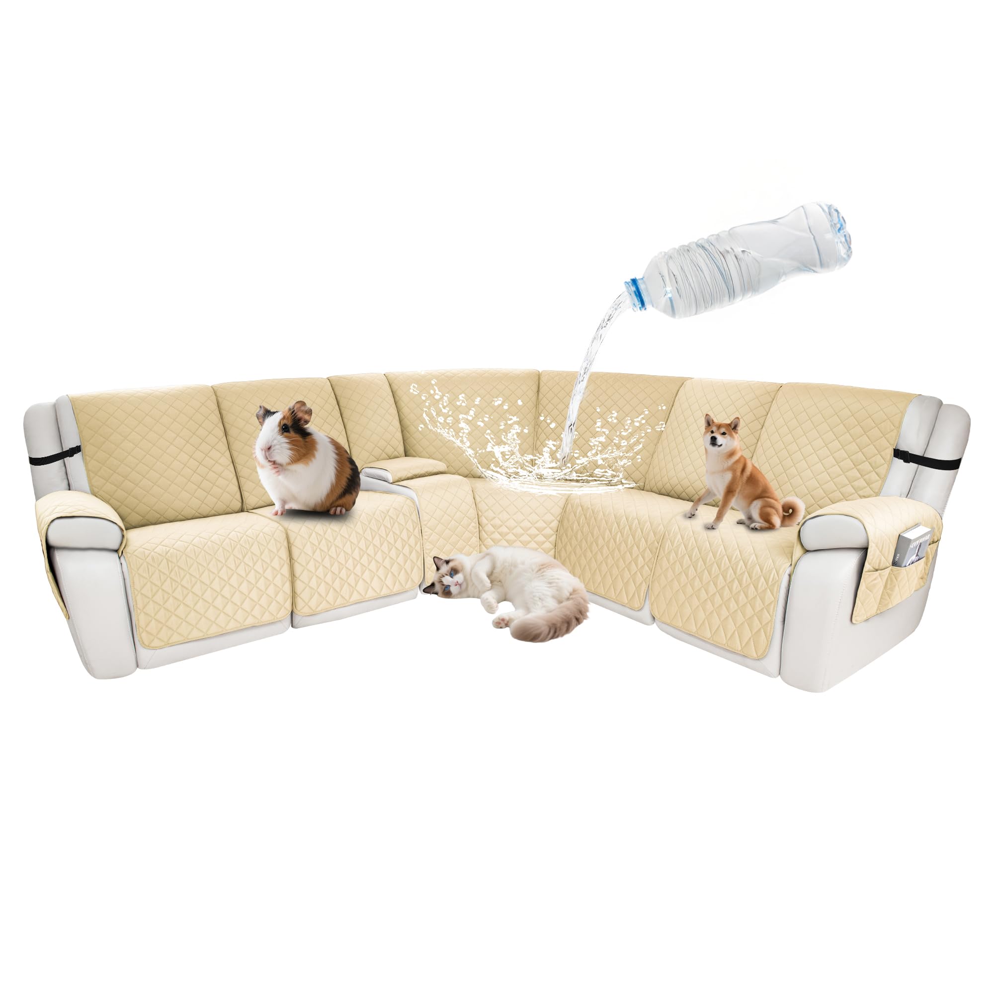 Waterproof Sectional Reclining Couch Covers L Shaped Recliner Sectional Sofa Cover 8 Piece Non Slip Washable Corner Recliner Slipcover Set for Pet Dog (5 Seater 1 Console Cover, Beige)