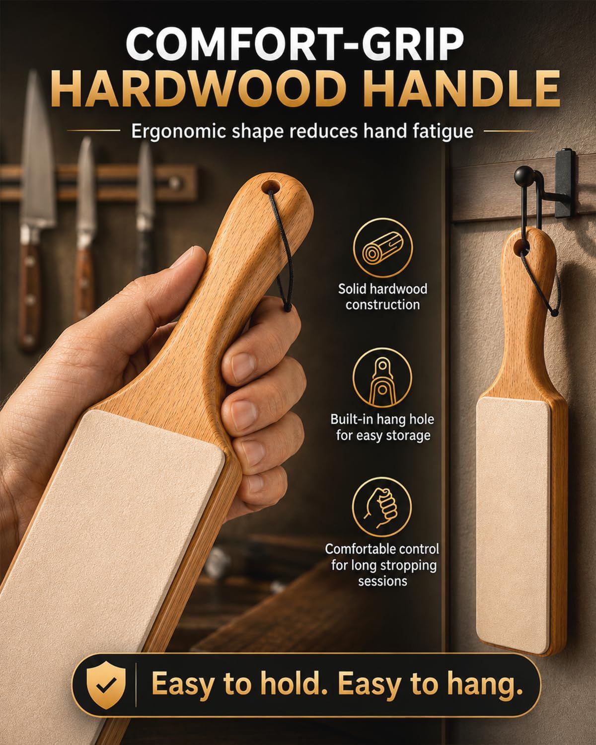 Leather Strop for Knife Sharpening: Double-Sided Genuine Stropping Block | Vegetable-Tanned Cowhide, 2 Grits Compound, Solid Wood Handle, Hang Hole Storage, Fits Razors, Chisels and Carving Tools