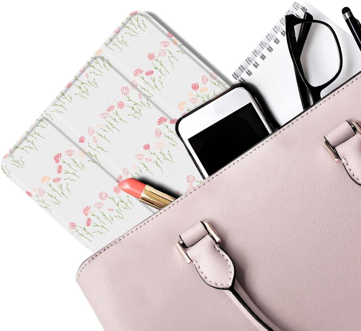MAYCARI Cute Pink Small Flowers Case for iPad 10.2 inch 2021/2020/2019 with Pencil Holder, Original Pattern iPad 9th/8th/7th Generation Soft TPU Back Protective Cover Shell, Auto Sleep/Wake Slim Shell