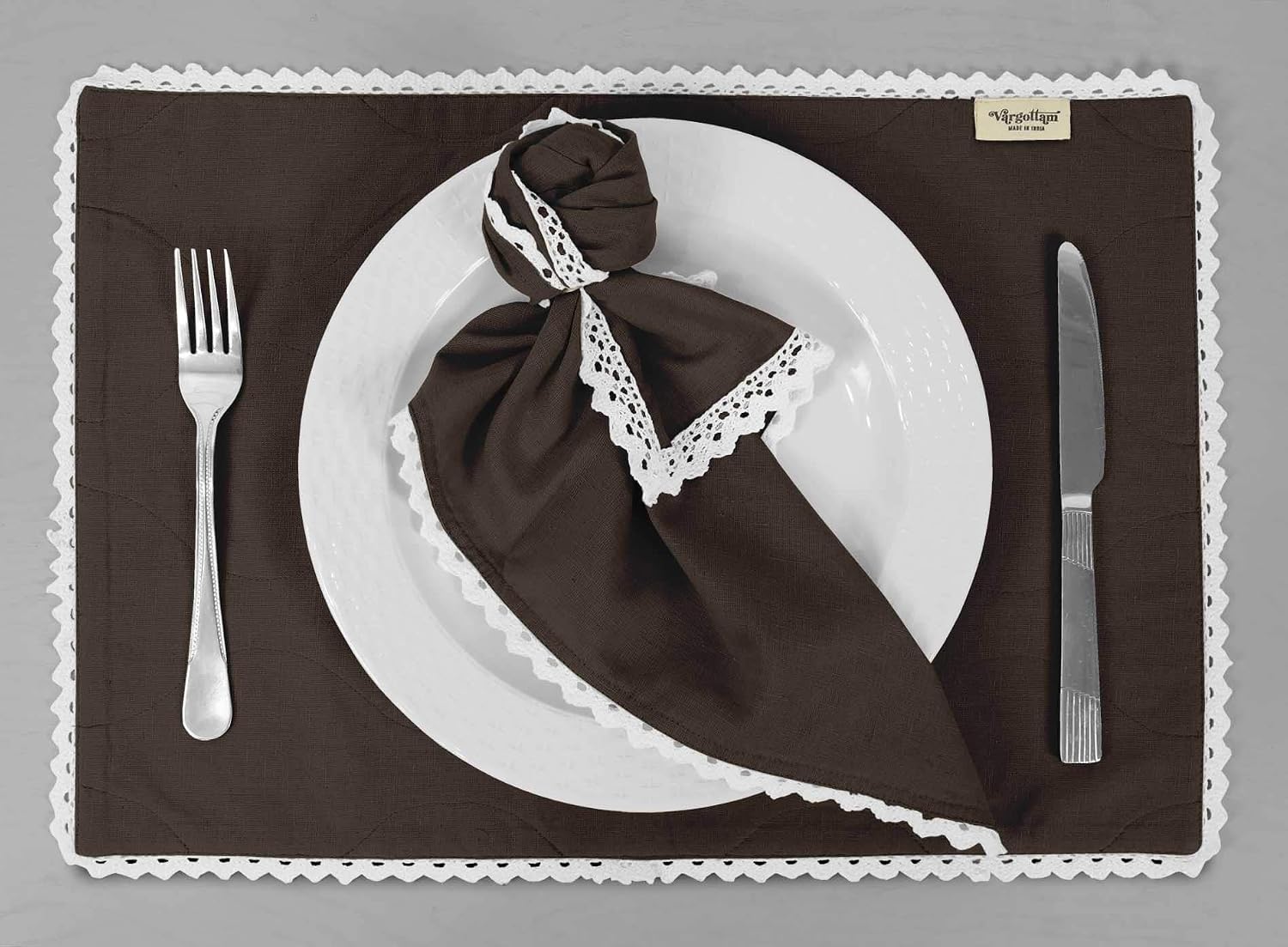 Brown Solid Home Decor Washable Lace Placemats & Napkins Table Decor Dining Mats-Pack of 6