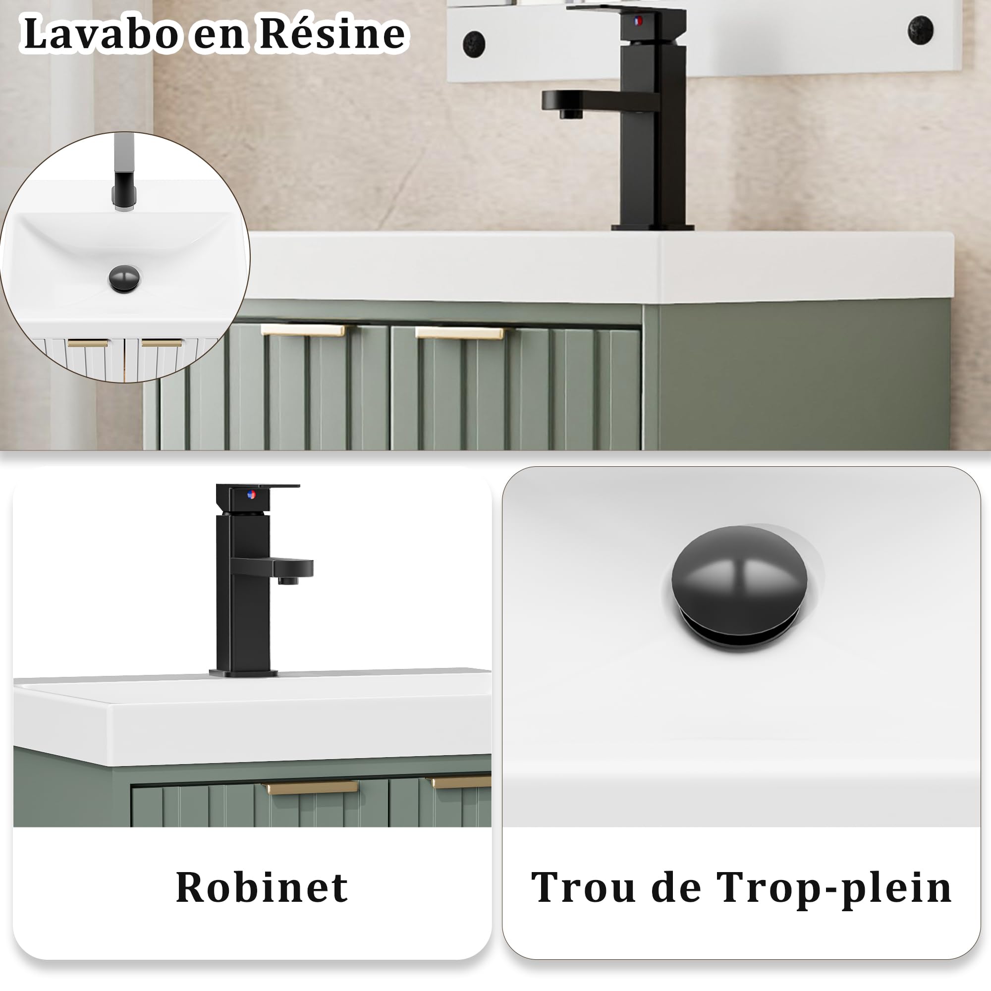 UEV Meuble de Salle de Bain Suspendu avec Vasque - Armoire sous-Lavabo 2 Portes Finition Bois - Gain de Place & Entretien Facile, Idéal pour Petites Salles de Bain et WC 50 x 38 x 55 cm, Vert