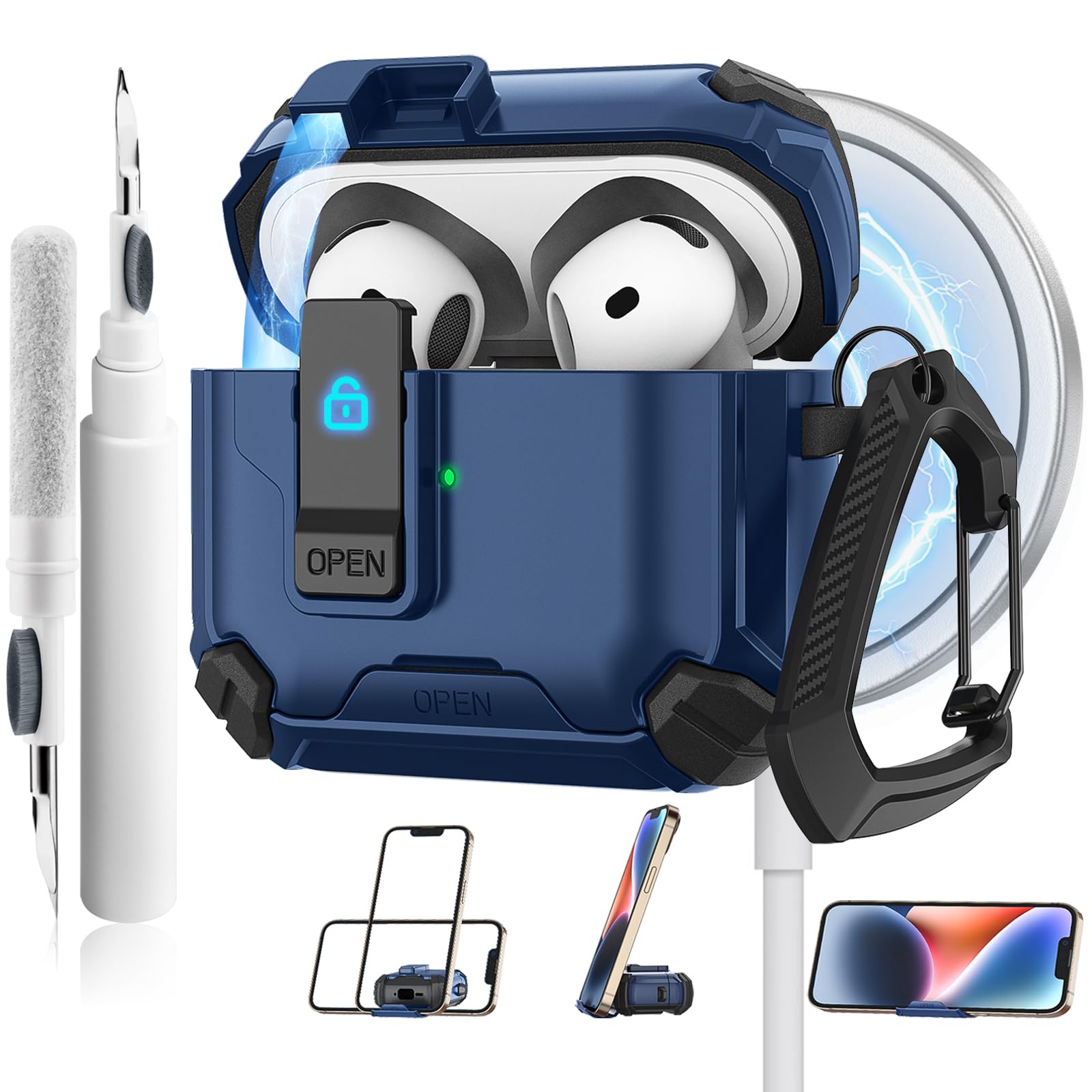 Meliya for AirPods 4 Case, Comes with Phone Holder and Magsafe Function, Automatic Pop-up Full Protection Hard Case with Secure Lock & Cleaner Kit &