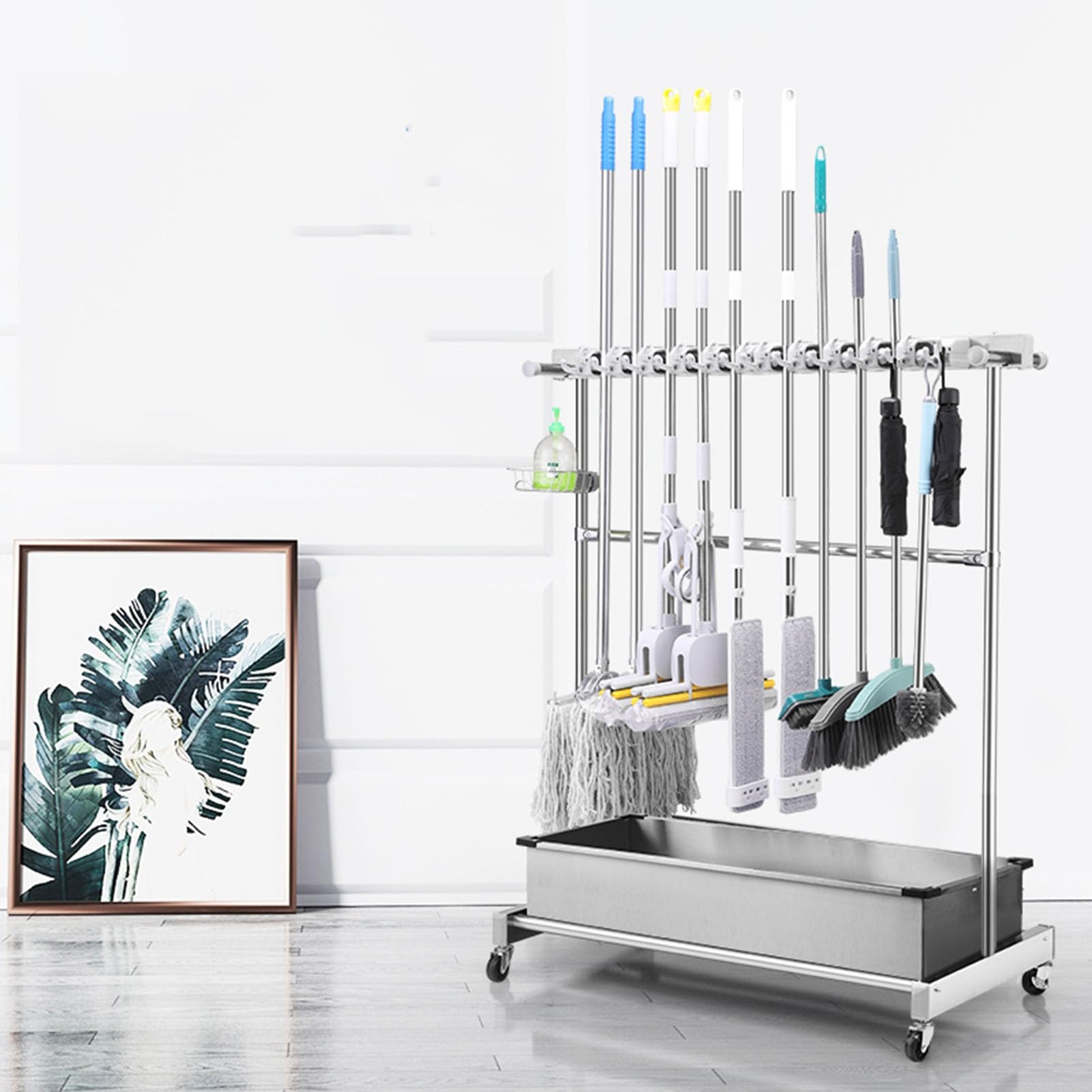 Armoire de rangement amovible – Chariot à outils avec crochets pour outils à long manche, râteaux et balais – Porte-outils en métal