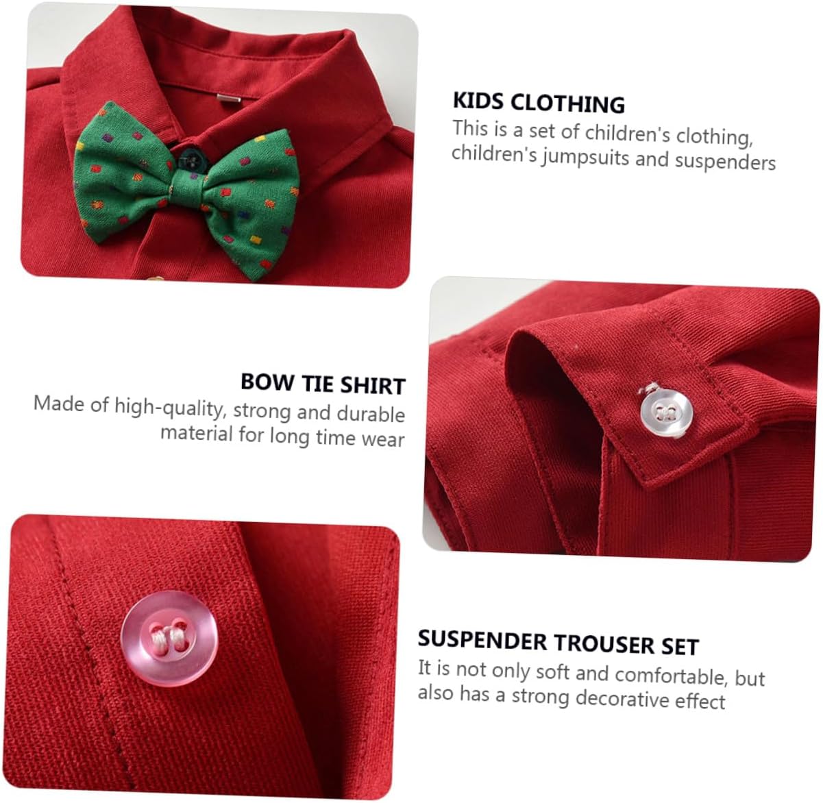 LIOOBO Christmas Suspender Trouser Set with Long-sleeved Bow Tie Shirt for Boys, Red 110cm Festival Outfit, ’s Holiday Clothing Suit