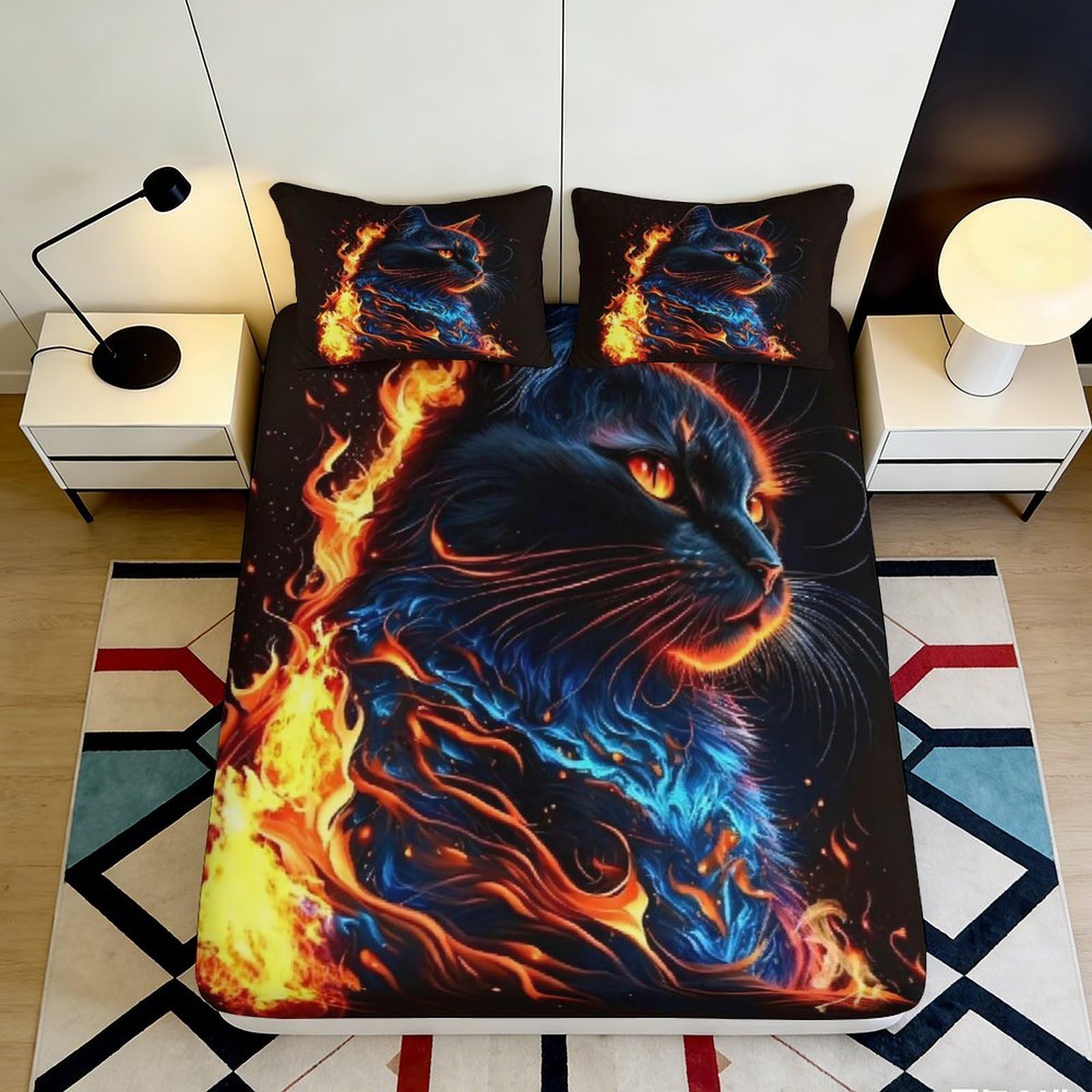3D Printed Flame Cat Fitted Sheet Microfiber Deep Pocket Non-Slip Bedding Set Bedroom Flame Cat Mattress Fitted Cover for Adults 200x200x25cm