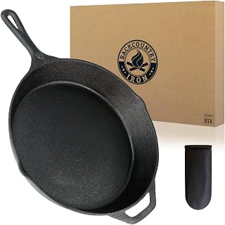 Backcountry Iron 12 Inch Pre-Seasoned Cast Iron Skillet - Superior Heat Retention, Oven Safe, Includes Mitt