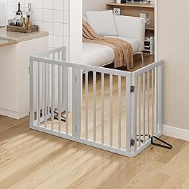 Wooden Dog Gate Freestanding Foldable Pet Gate 4 Panel Fully Assembled Dog Gates for Doorways House Stairs