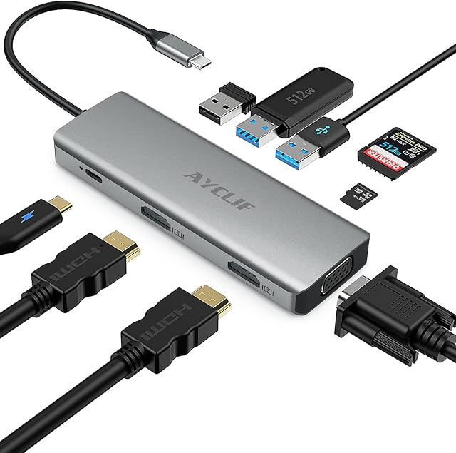 AYCLIF 9 Ports USB C Hub, Type C Adapter with USB C Power Delivery, Gigabit Ethernet Port, 4K HDMI, 2 USB 3.0 Ports, 1 USB 2.0 Port, SD/TF Card Reader for MacBook Pro and More Type C Devices