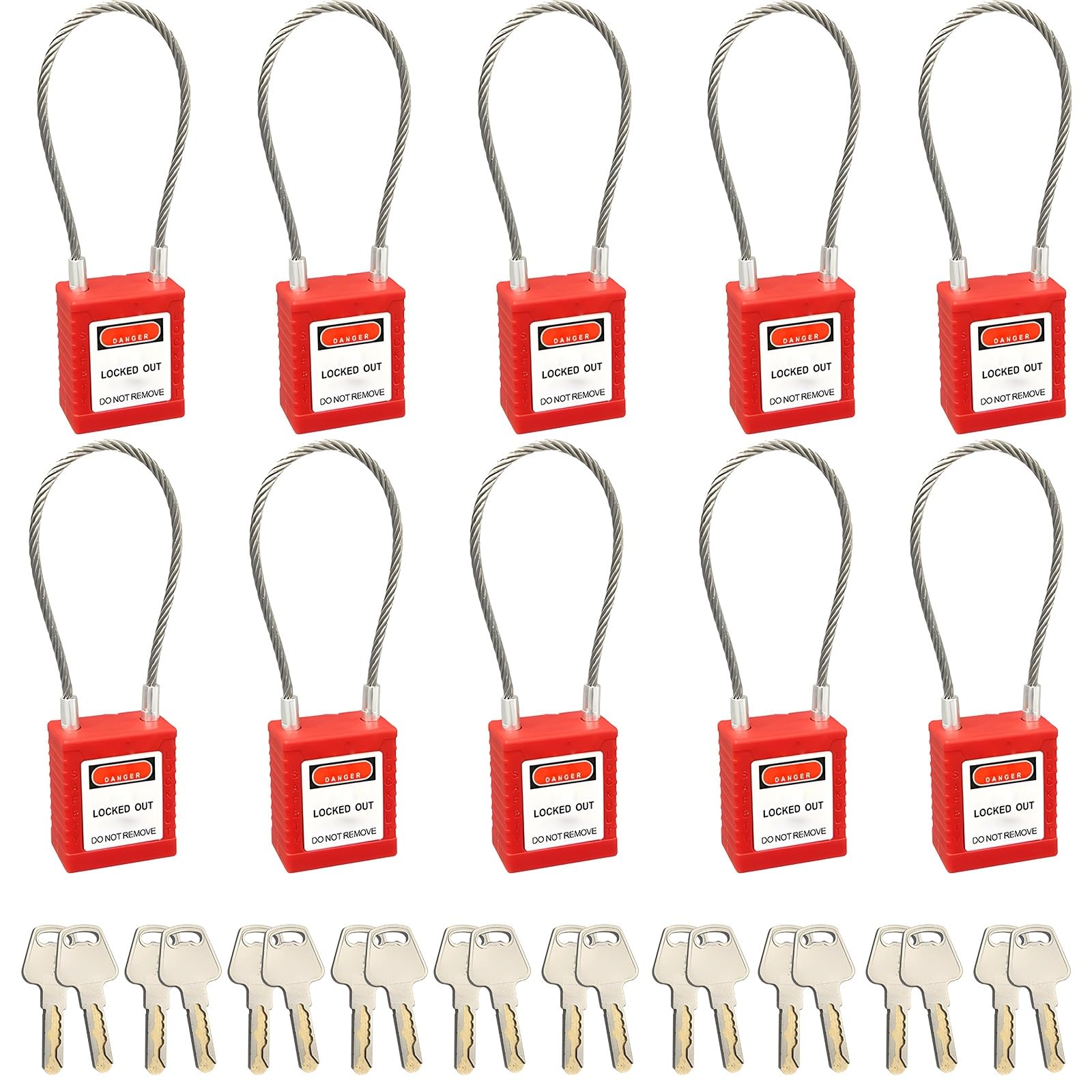 10 candados de cable de acero con etiquetado de bloqueo, candados de seguridad industrial, con llave diferente para cerraduras eléctricas seguras, con cable de 90 mm