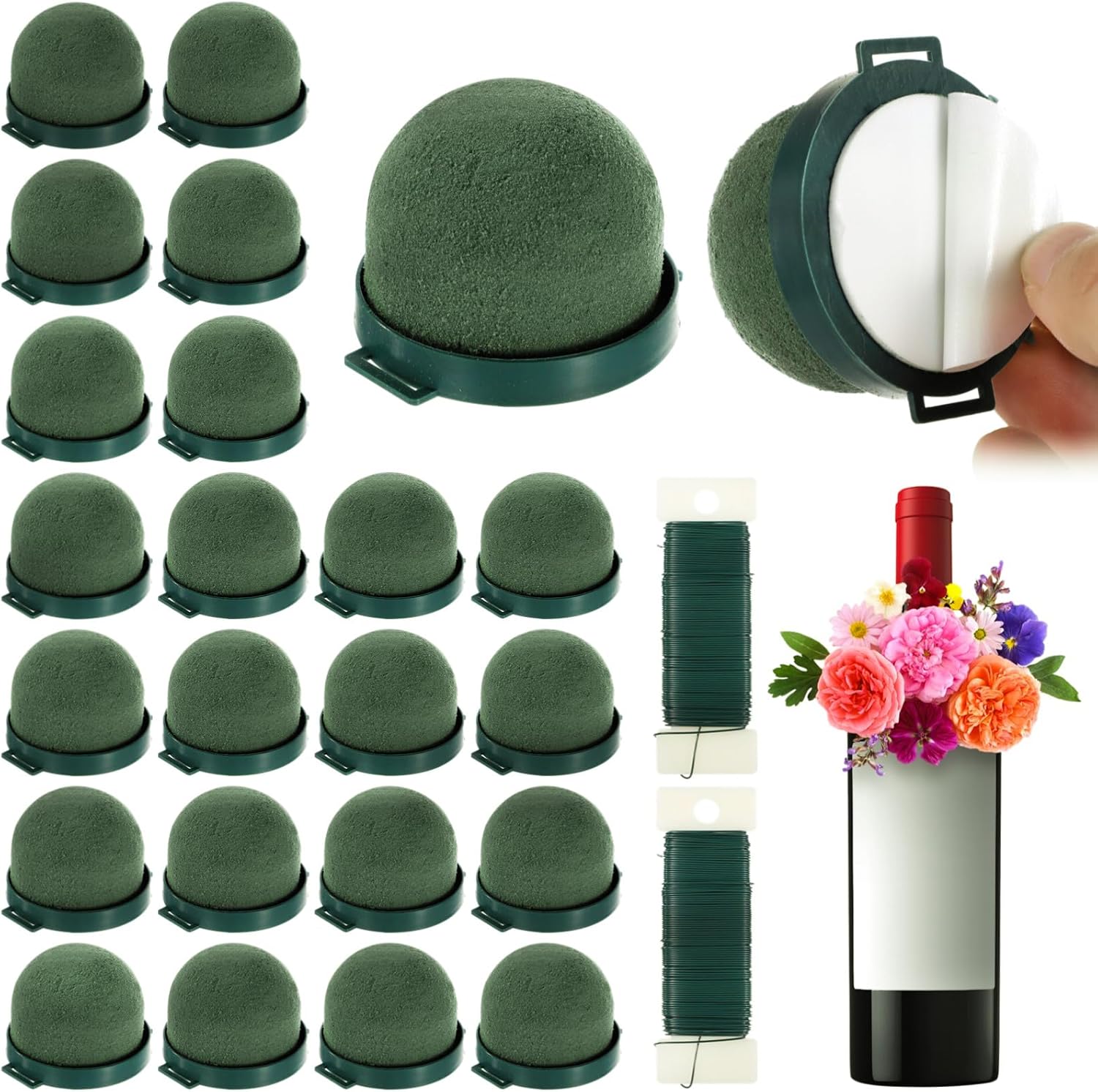 plantoky 24 PCS Floral Foam for Wine Bottle, Half-Round Blocks for Flower Arrangements, Sticky Floral Foam with 2 Rolls Green Iron Wire for Wedding Centerpieces, DIY Flower Crafts, Party Supplies