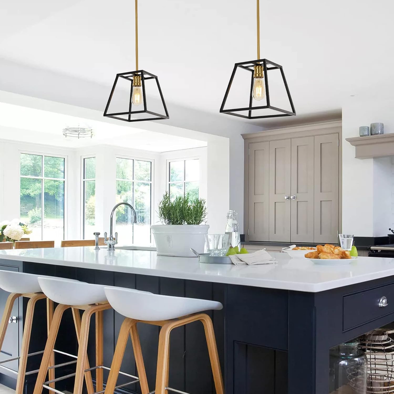 JONATHAN Y 9.25" Black/Brass Gold 1-Light Iron Pendant Lantern, Farmhouse Industrial Cage Light for Kitchen Island Dining Room, Adjustable Height, LED Bulb Included JYL6509A