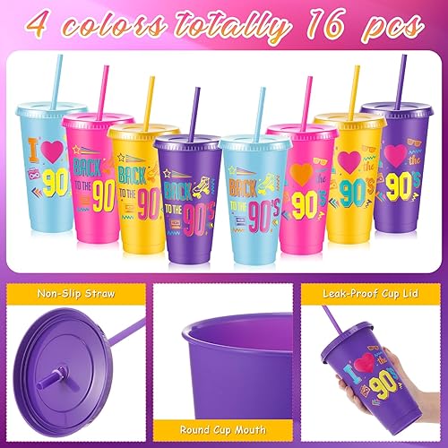 Miniatura 3 de Uiifan 16 piezas de decoraciones de fiesta temática de los años 90, regalo de fiesta de regreso a los 90, vasos de plástico de 24 onzas con tapa y