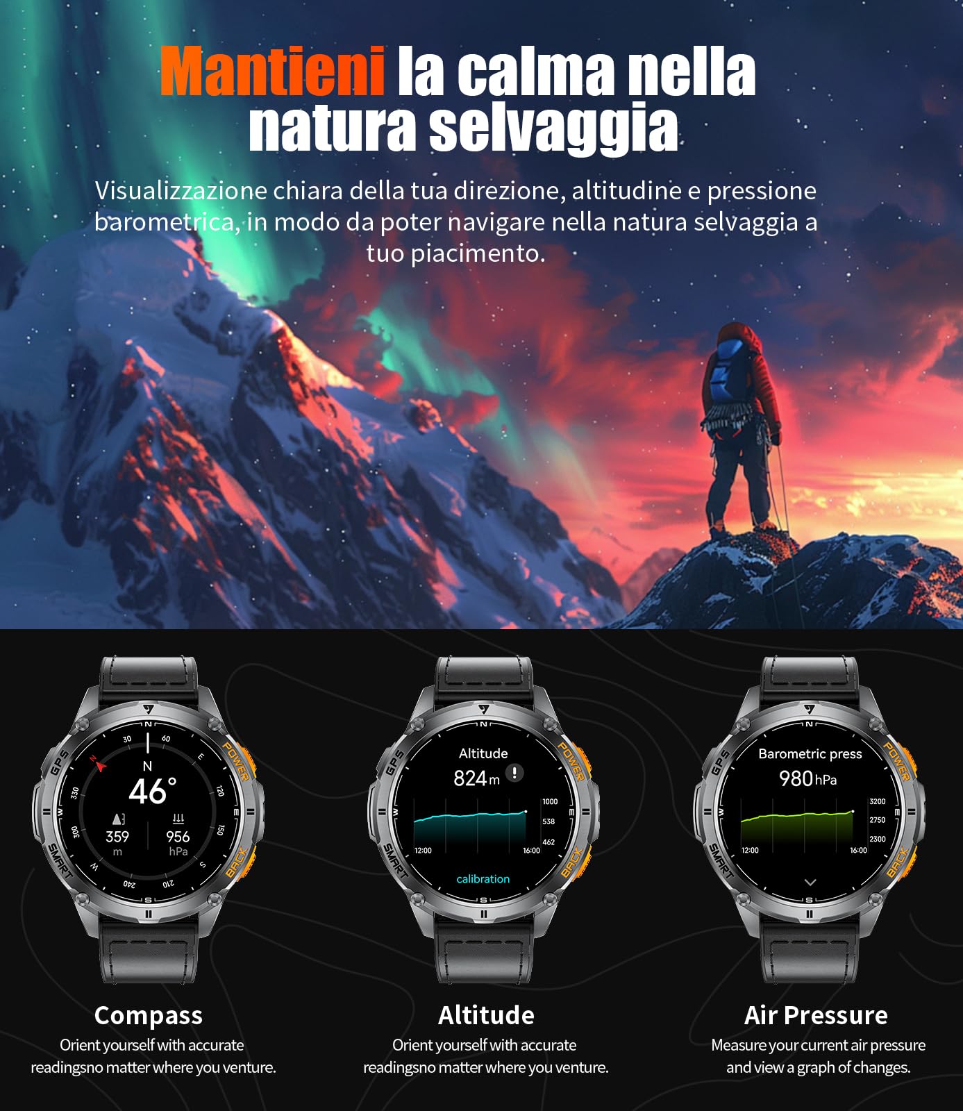 LIGE Smartwatch Uomo con GPS, Monitoraggio Salute, 1.43" AMOLED smartwatch militare con 530mAh Batteria/ 110+ Modalità Sport/LED Torcia/Bussola/Altimetro Orologio Intelligente per Escursionismo