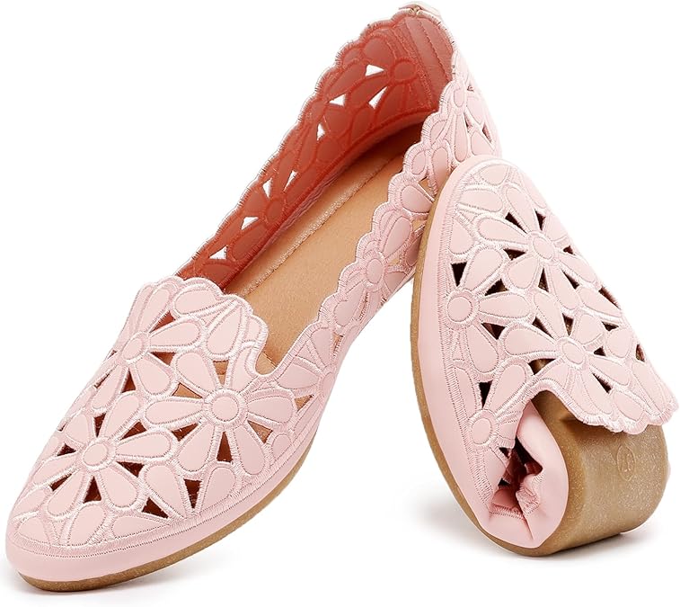 HEAWISH Women's Floral Ballet Flats for Women Black Beige