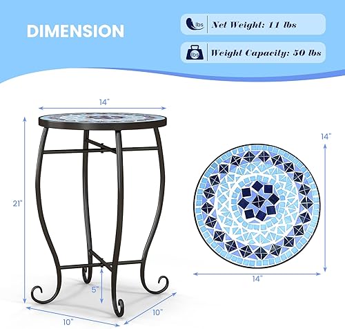 Miniatura 3 de Tangkula Mesa auxiliar para exteriores, soporte para plantas de mosaico de 14 pulgadas, mesa redonda con parte superior de azulejos de cerámica y