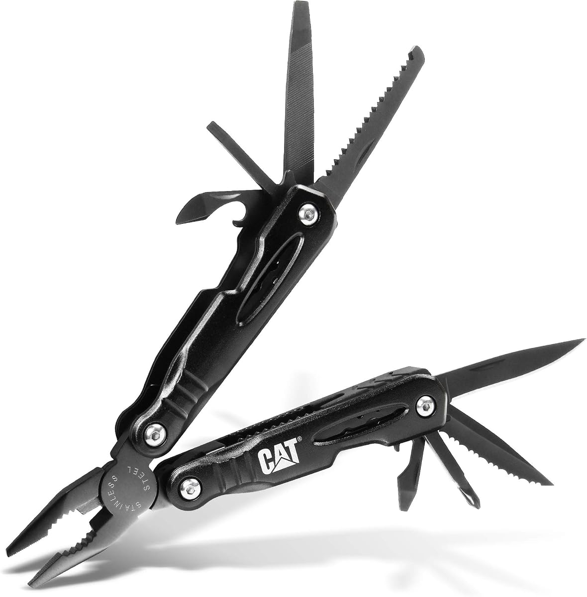 Multiherramienta Cat 13 en 1 con mangos de aluminio anodizado negro - Cuchillas, alicates, destornilladores, limas y abridores de acero inoxidable, herramienta EDC duradera para el trabajo, exteriores y uso automotriz - 980021